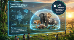 Infographic showing how AI connects data from satellites, camera traps, and acoustic sensors to a central brain that generates alerts for rangers on the ground.