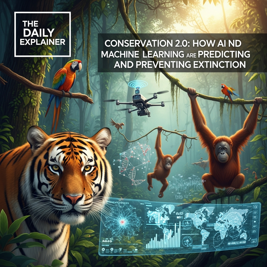 Infographic showing how AI connects data from satellites, camera traps, and acoustic sensors to a central brain that generates alerts for rangers on the ground.
