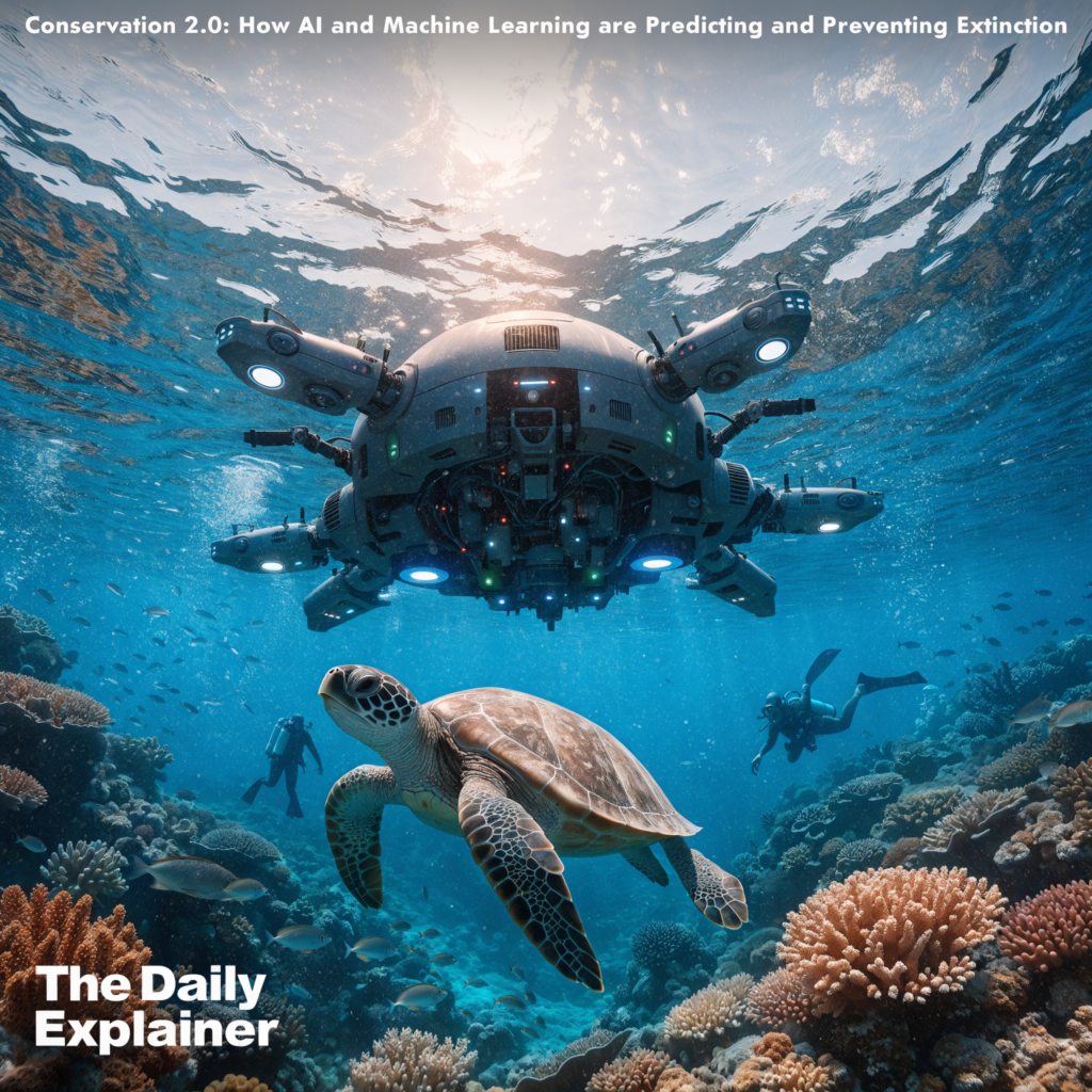 Infographic showing how AI connects data from satellites, camera traps, and acoustic sensors to a central brain that generates alerts for rangers on the ground.