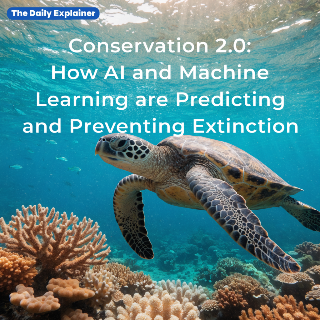 Infographic showing how AI connects data from satellites, camera traps, and acoustic sensors to a central brain that generates alerts for rangers on the ground.