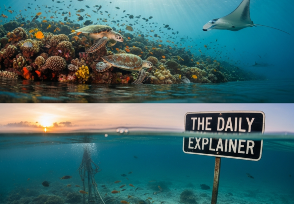 Step-by-step infographic showing the six-stage process of MPA recovery from biomass accumulation through trophic rewiring, habitat recovery, spillover, socio-economic feedback, and climate buffering.