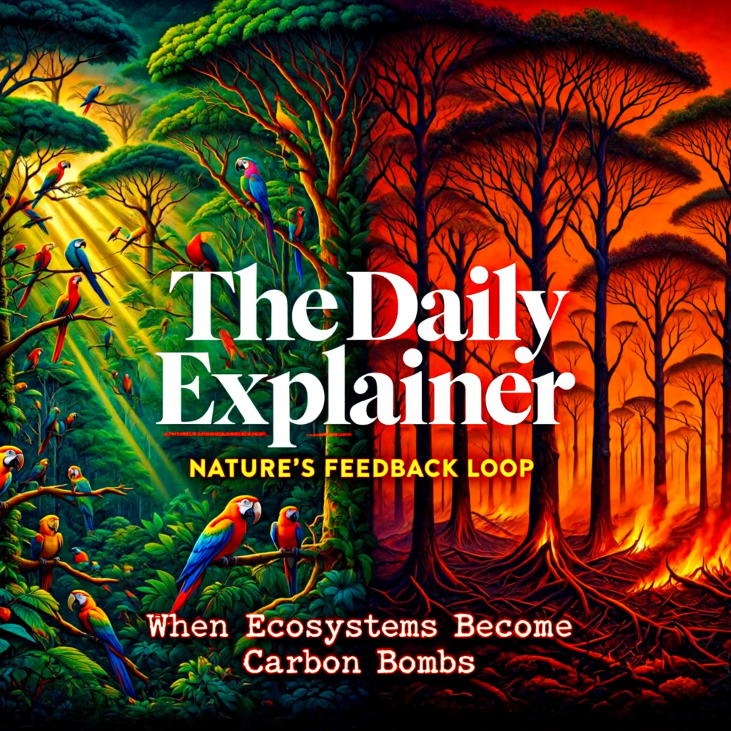 A world map highlighting major wildfire events in 2025-2026 across the Amazon, Canada, Australia, and Siberia, with data callouts showing the estimated CO2 released from each region.