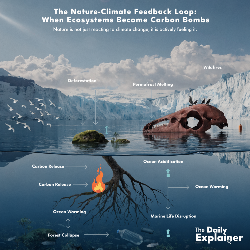 A world map highlighting major wildfire events in 2025-2026 across the Amazon, Canada, Australia, and Siberia, with data callouts showing the estimated CO2 released from each region.