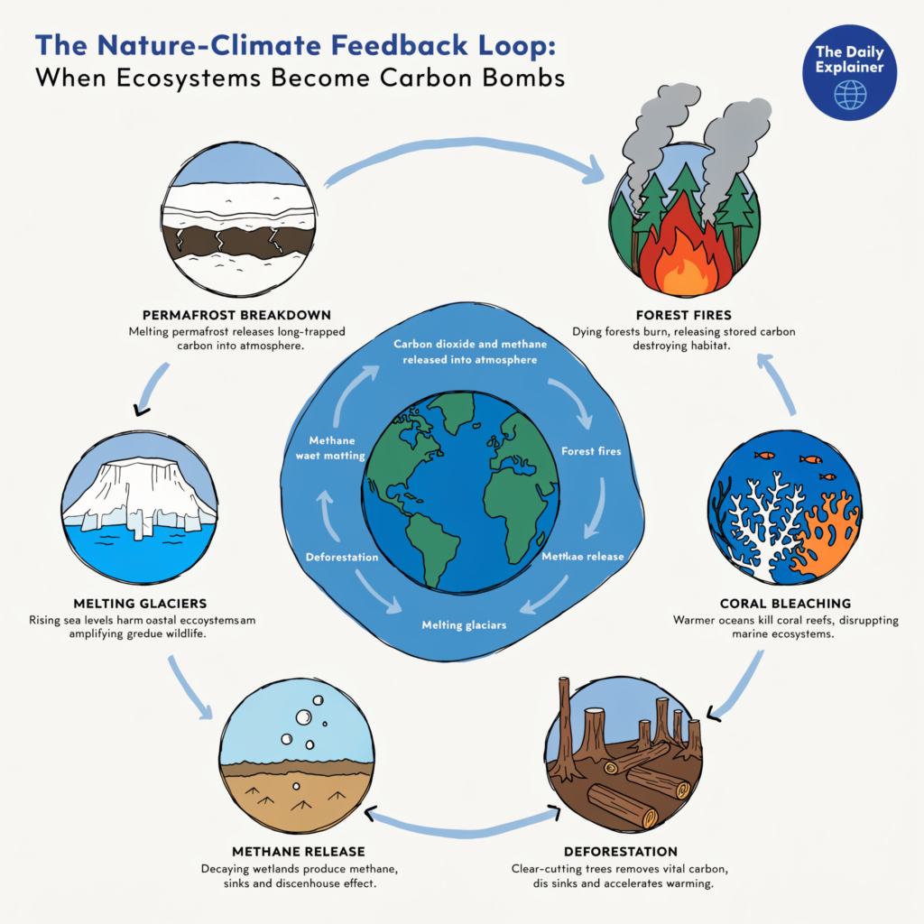 A world map highlighting major wildfire events in 2025-2026 across the Amazon, Canada, Australia, and Siberia, with data callouts showing the estimated CO2 released from each region.
