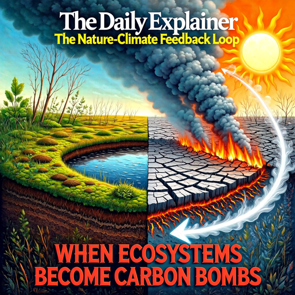 A world map highlighting major wildfire events in 2025-2026 across the Amazon, Canada, Australia, and Siberia, with data callouts showing the estimated CO2 released from each region.