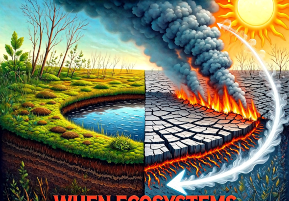 A world map highlighting major wildfire events in 2025-2026 across the Amazon, Canada, Australia, and Siberia, with data callouts showing the estimated CO2 released from each region.