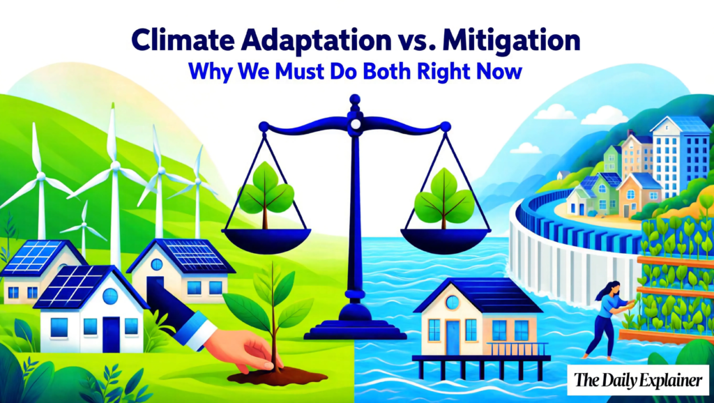 The dialy explainer - A Venn diagram comparing climate mitigation (reducing emissions) and climate adaptation (building resilience), with examples like renewable energy for mitigation and sea walls for adaptation.