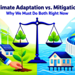 The dialy explainer - A Venn diagram comparing climate mitigation (reducing emissions) and climate adaptation (building resilience), with examples like renewable energy for mitigation and sea walls for adaptation.