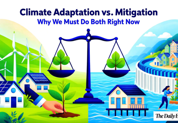 The dialy explainer - A Venn diagram comparing climate mitigation (reducing emissions) and climate adaptation (building resilience), with examples like renewable energy for mitigation and sea walls for adaptation.