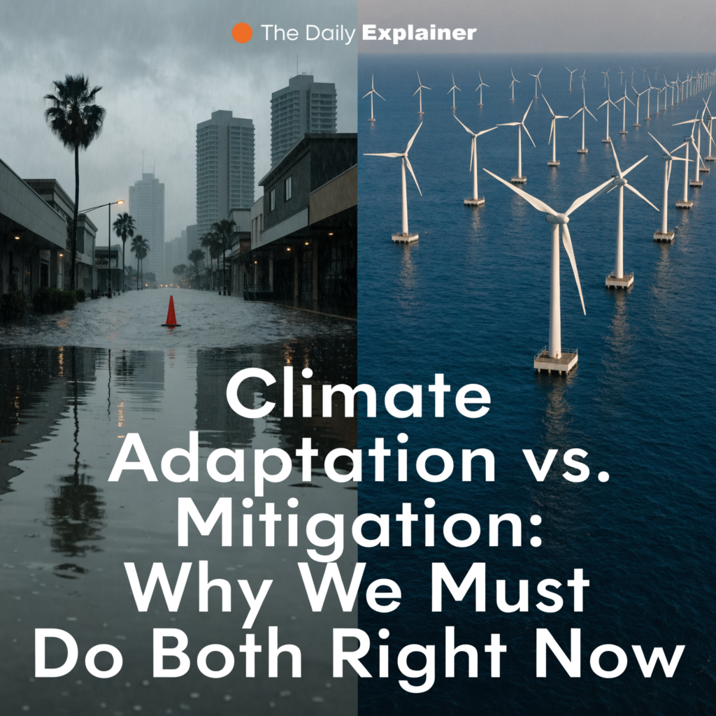 A Venn diagram comparing climate mitigation (reducing emissions) and climate adaptation (building resilience), with examples like renewable energy for mitigation and sea walls for adaptation.