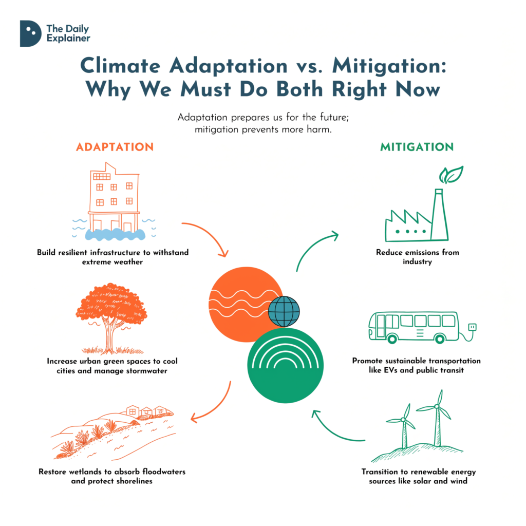 A Venn diagram comparing climate mitigation (reducing emissions) and climate adaptation (building resilience), with examples like renewable energy for mitigation and sea walls for adaptation.