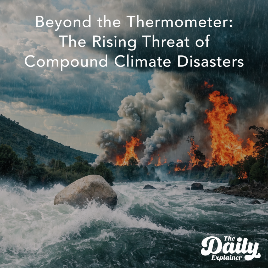 A world map highlighting key compound disaster events in 2025-2026, including the Chile-Argentina fires, West Asia water crisis, and North American winter storms, with arrows showing cascading impacts.
