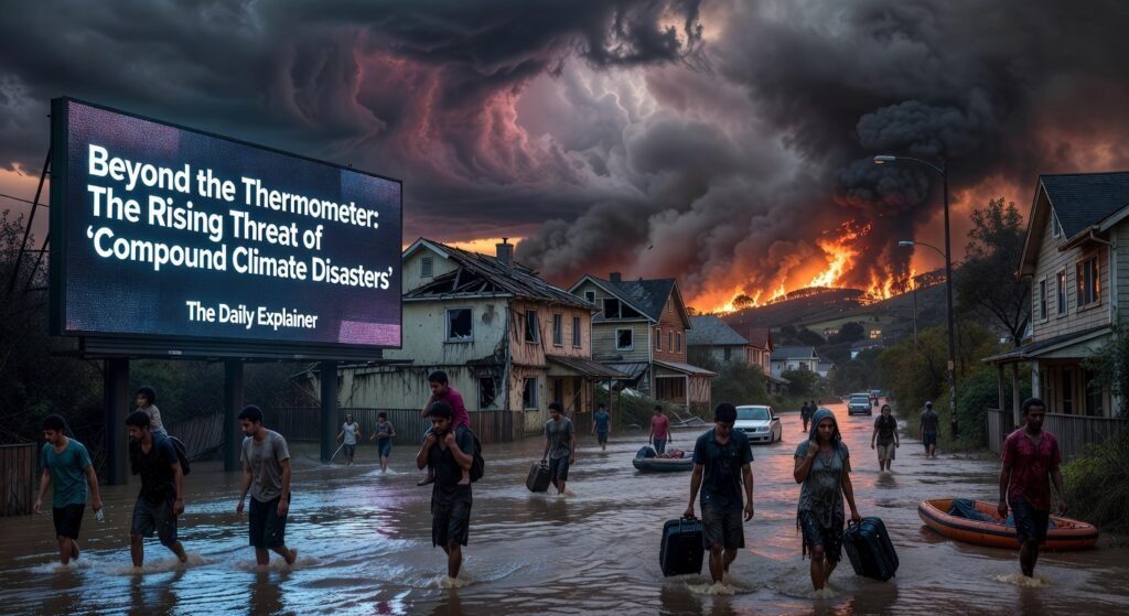 A world map highlighting key compound disaster events in 2025-2026, including the Chile-Argentina fires, West Asia water crisis, and North American winter storms, with arrows showing cascading impacts.