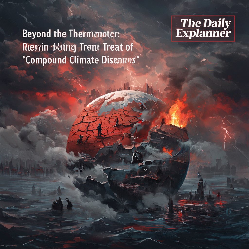 A world map highlighting key compound disaster events in 2025-2026, including the Chile-Argentina fires, West Asia water crisis, and North American winter storms, with arrows showing cascading impacts.