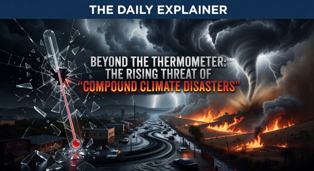 A world map highlighting key compound disaster events in 2025-2026, including the Chile-Argentina fires, West Asia water crisis, and North American winter storms, with arrows showing cascading impacts.