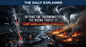 A world map highlighting key compound disaster events in 2025-2026, including the Chile-Argentina fires, West Asia water crisis, and North American winter storms, with arrows showing cascading impacts.