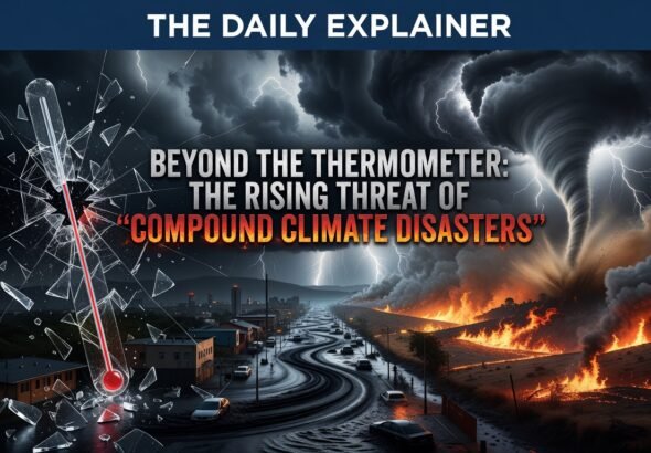 A world map highlighting key compound disaster events in 2025-2026, including the Chile-Argentina fires, West Asia water crisis, and North American winter storms, with arrows showing cascading impacts.