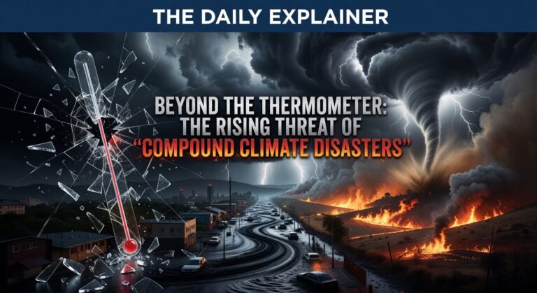 A world map highlighting key compound disaster events in 2025-2026, including the Chile-Argentina fires, West Asia water crisis, and North American winter storms, with arrows showing cascading impacts.