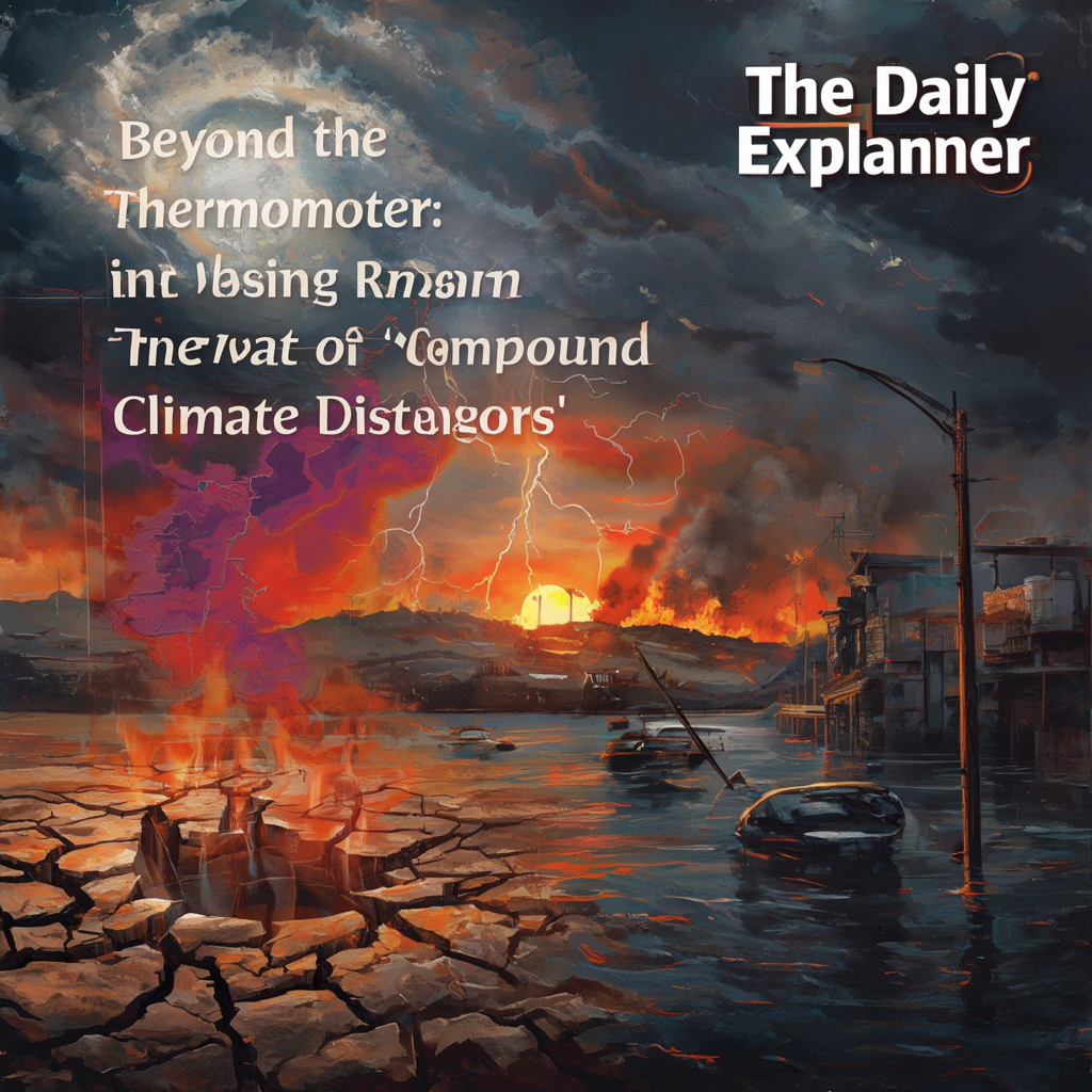 A world map highlighting key compound disaster events in 2025-2026, including the Chile-Argentina fires, West Asia water crisis, and North American winter storms, with arrows showing cascading impacts.