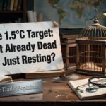 A line graph showing the historical global temperature rise from pre-industrial levels to 2026, with projections showing current policies leading to around 2.7°C, while the 1.5°C and 2°C Paris Agreement targets are shown as distant, narrowing pathways.