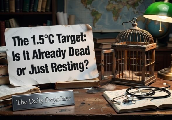 A line graph showing the historical global temperature rise from pre-industrial levels to 2026, with projections showing current policies leading to around 2.7°C, while the 1.5°C and 2°C Paris Agreement targets are shown as distant, narrowing pathways.