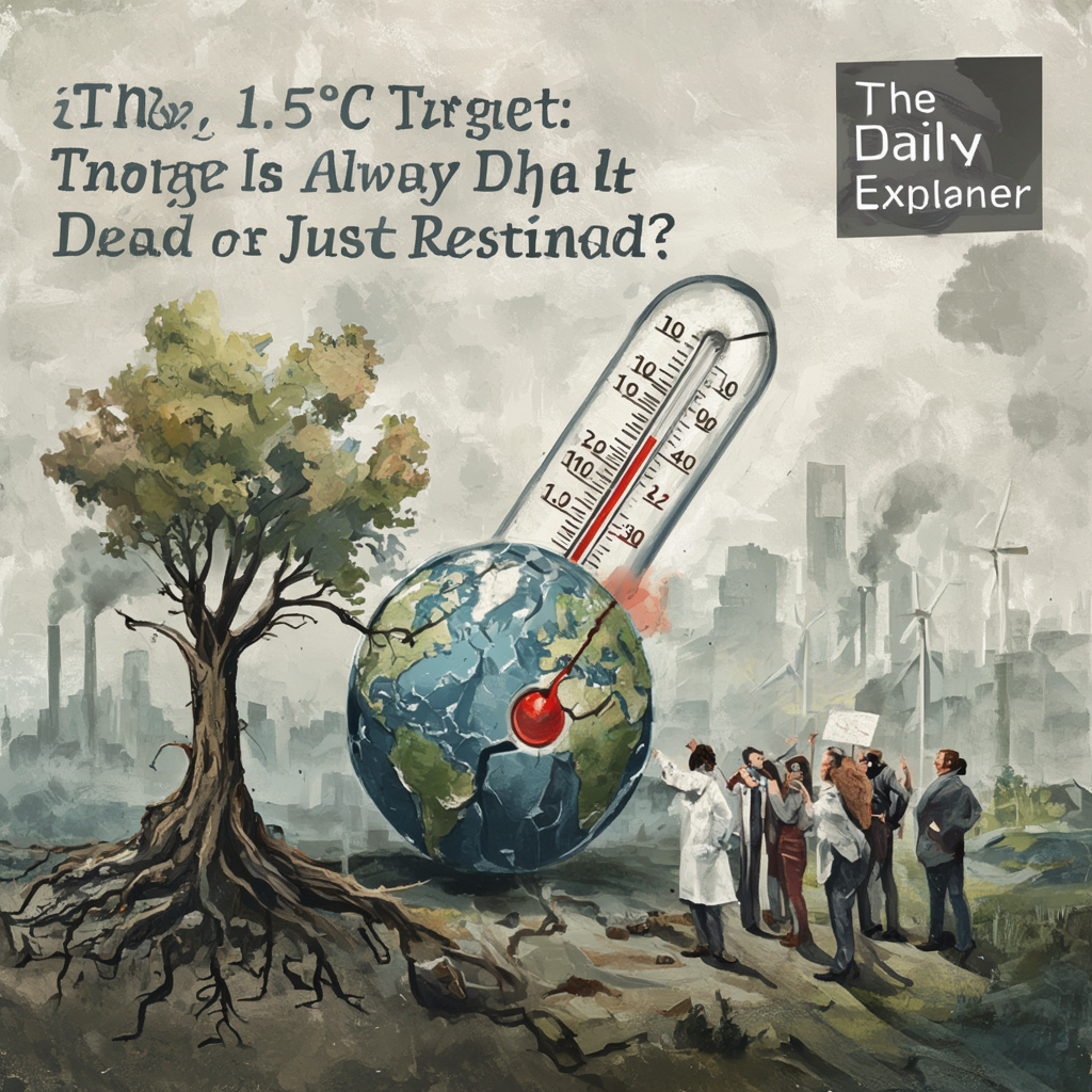 A line graph showing the historical global temperature rise from pre-industrial levels to 2026, with projections showing current policies leading to around 2.7°C, while the 1.5°C and 2°C Paris Agreement targets are shown as distant, narrowing pathways.