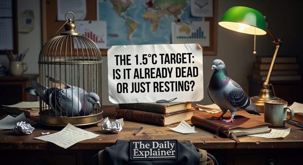 A line graph showing the historical global temperature rise from pre-industrial levels to 2026, with projections showing current policies leading to around 2.7°C, while the 1.5°C and 2°C Paris Agreement targets are shown as distant, narrowing pathways.