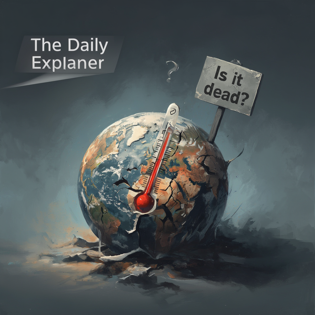 A line graph showing the historical global temperature rise from pre-industrial levels to 2026, with projections showing current policies leading to around 2.7°C, while the 1.5°C and 2°C Paris Agreement targets are shown as distant, narrowing pathways.