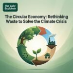 A side-by-side comparison of the linear economy (take-make-waste) shown as a straight line ending in a landfill, and the circular economy shown as a continuous loop with arrows for reduce, reuse, repair, remanufacture, and recycle.
