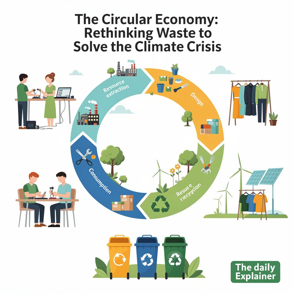 A side-by-side comparison of the linear economy (take-make-waste) shown as a straight line ending in a landfill, and the circular economy shown as a continuous loop with arrows for reduce, reuse, repair, remanufacture, and recycle.