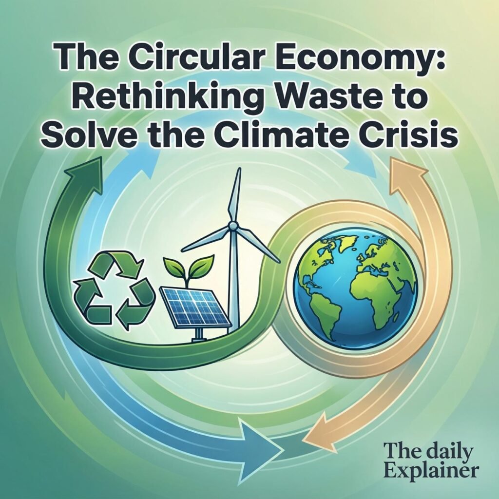 A side-by-side comparison of the linear economy (take-make-waste) shown as a straight line ending in a landfill, and the circular economy shown as a continuous loop with arrows for reduce, reuse, repair, remanufacture, and recycle.