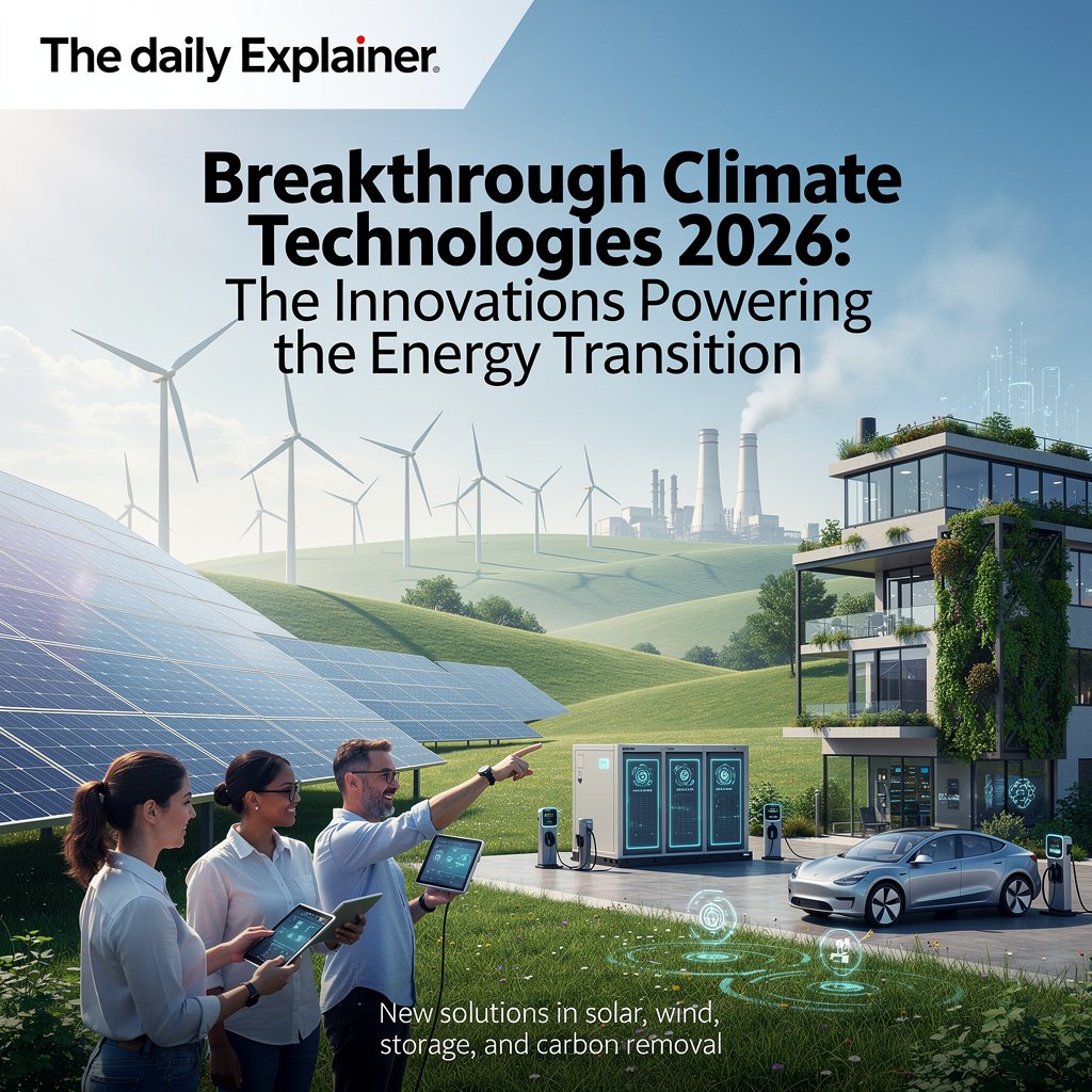 A collage of four key climate technologies: sodium-ion battery cells, a next-generation nuclear reactor design, a direct air capture facility, and an enhanced rock weathering site on farmland.