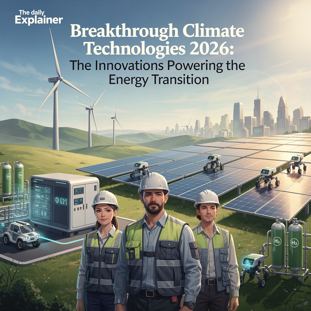 A collage of four key climate technologies: sodium-ion battery cells, a next-generation nuclear reactor design, a direct air capture facility, and an enhanced rock weathering site on farmland.