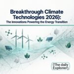 A collage of four key climate technologies: sodium-ion battery cells, a next-generation nuclear reactor design, a direct air capture facility, and an enhanced rock weathering site on farmland.