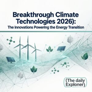 A collage of four key climate technologies: sodium-ion battery cells, a next-generation nuclear reactor design, a direct air capture facility, and an enhanced rock weathering site on farmland.