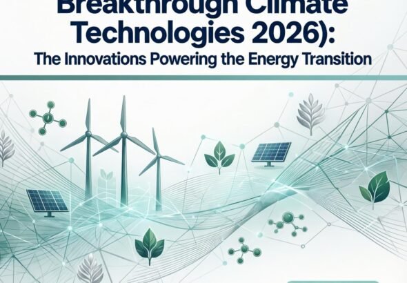 A collage of four key climate technologies: sodium-ion battery cells, a next-generation nuclear reactor design, a direct air capture facility, and an enhanced rock weathering site on farmland.