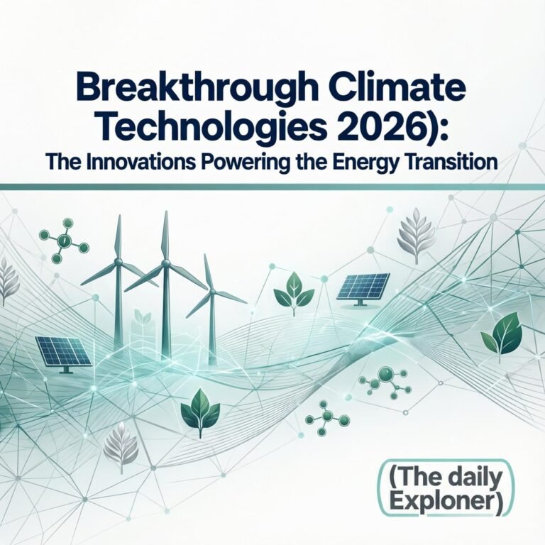 A collage of four key climate technologies: sodium-ion battery cells, a next-generation nuclear reactor design, a direct air capture facility, and an enhanced rock weathering site on farmland.