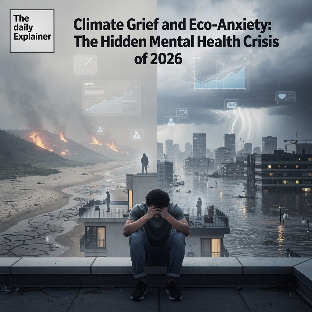 A diagram showing the pathways from climate change to mental health impacts, including direct trauma from extreme weather, indirect effects from displacement and economic loss, and existential anxiety from awareness of the crisis.