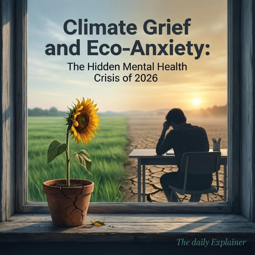 A diagram showing the pathways from climate change to mental health impacts, including direct trauma from extreme weather, indirect effects from displacement and economic loss, and existential anxiety from awareness of the crisis.