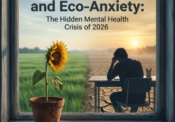 A diagram showing the pathways from climate change to mental health impacts, including direct trauma from extreme weather, indirect effects from displacement and economic loss, and existential anxiety from awareness of the crisis.