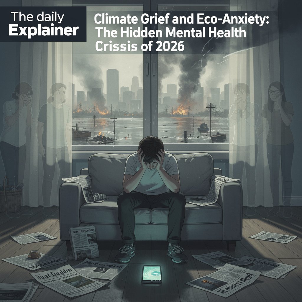 A diagram showing the pathways from climate change to mental health impacts, including direct trauma from extreme weather, indirect effects from displacement and economic loss, and existential anxiety from awareness of the crisis.