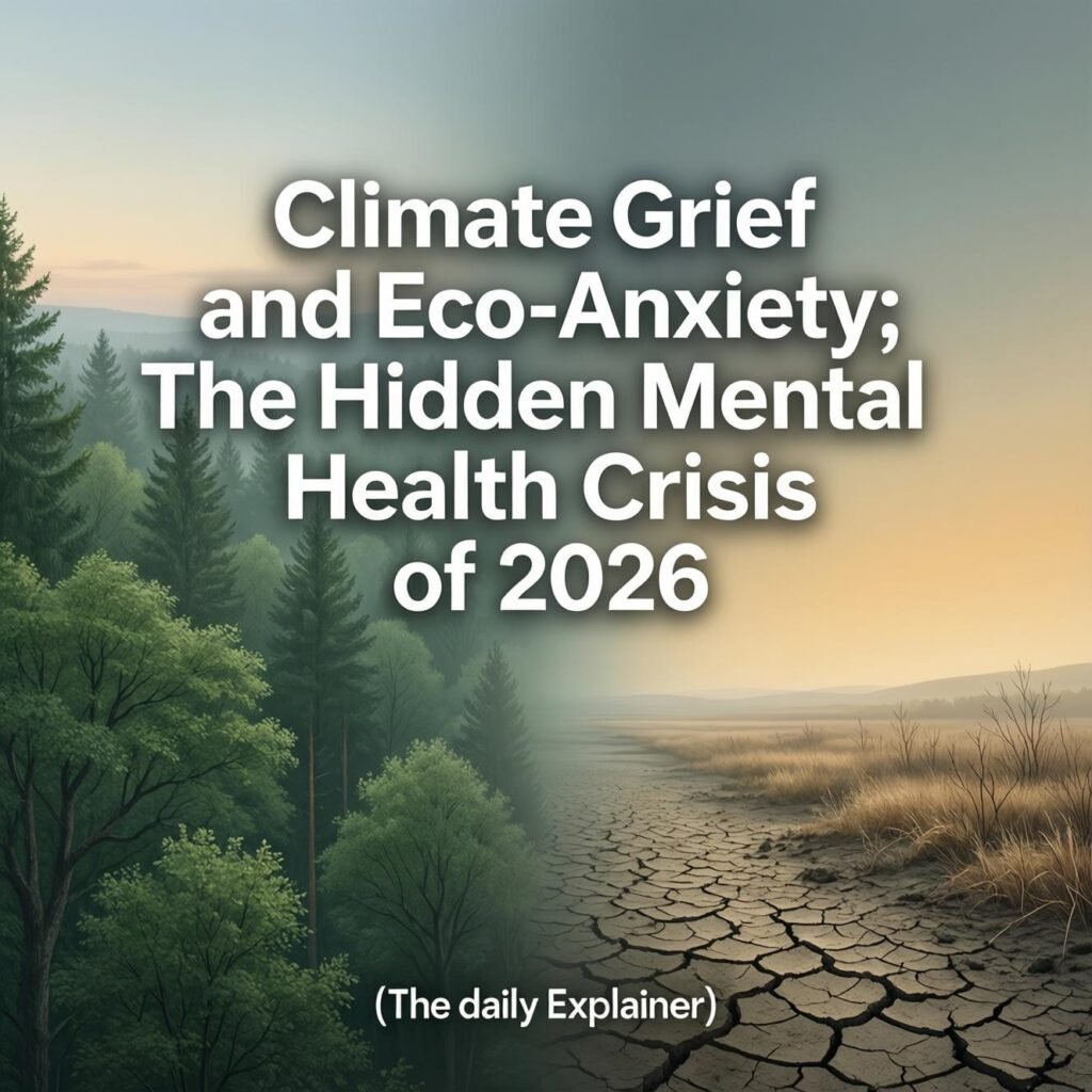 A diagram showing the pathways from climate change to mental health impacts, including direct trauma from extreme weather, indirect effects from displacement and economic loss, and existential anxiety from awareness of the crisis.