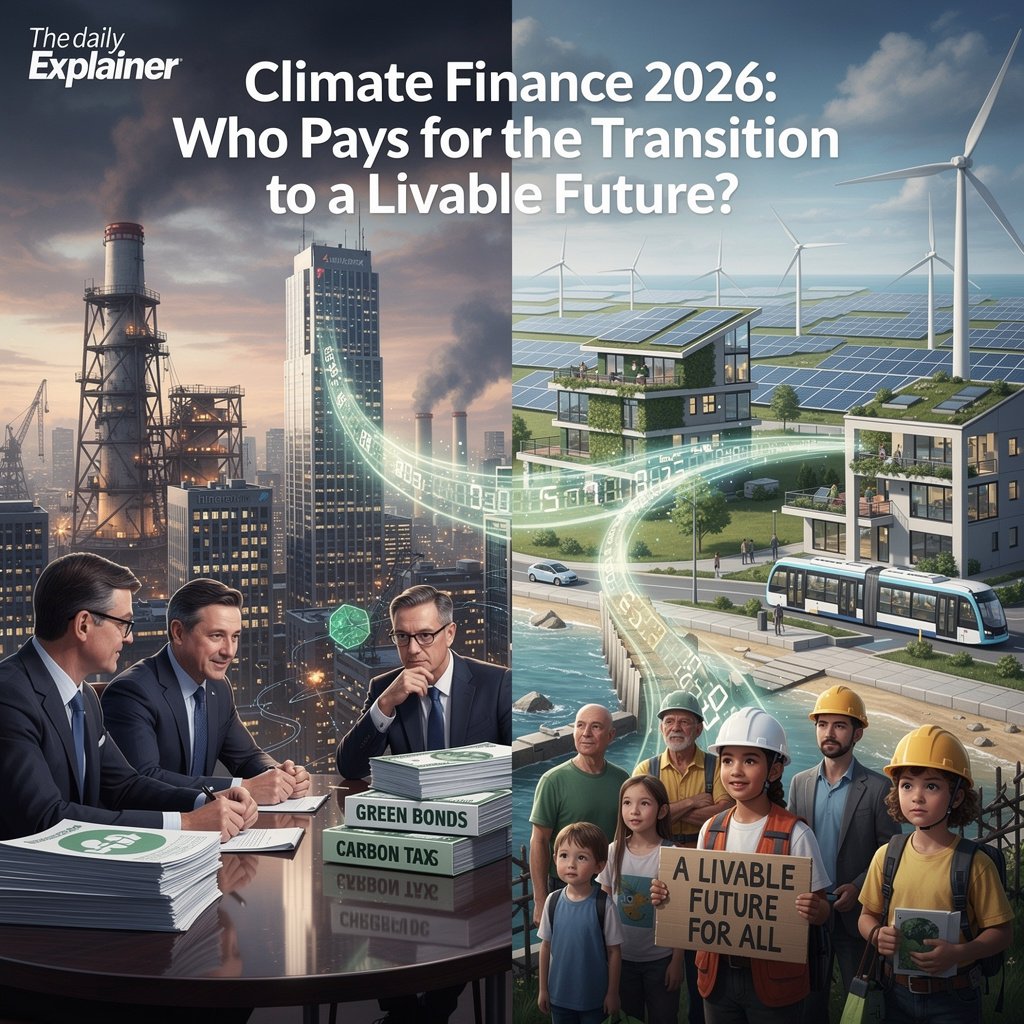 A world map showing financial flows from developed to developing countries for climate mitigation and adaptation, with callouts for the Green Climate Fund, Loss and Damage Fund, and private investment flows.