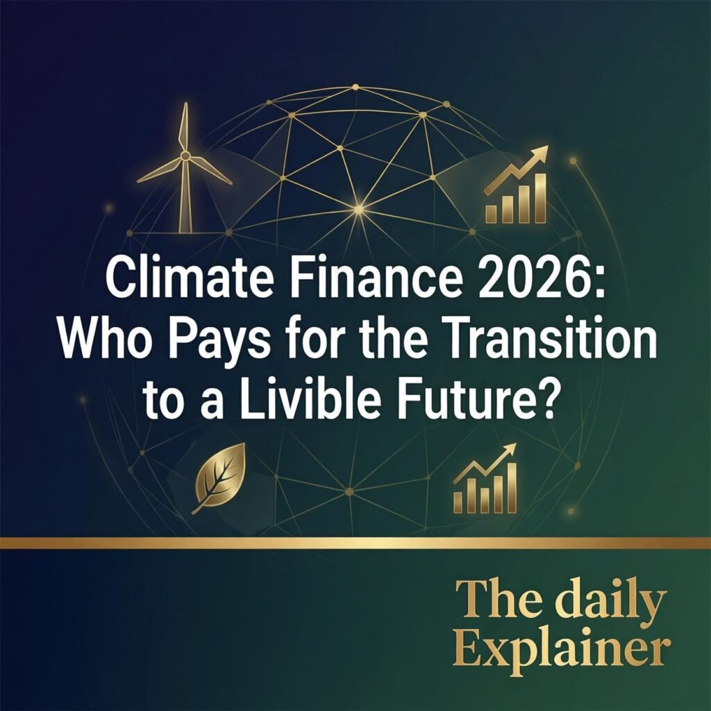 A world map showing financial flows from developed to developing countries for climate mitigation and adaptation, with callouts for the Green Climate Fund, Loss and Damage Fund, and private investment flows.