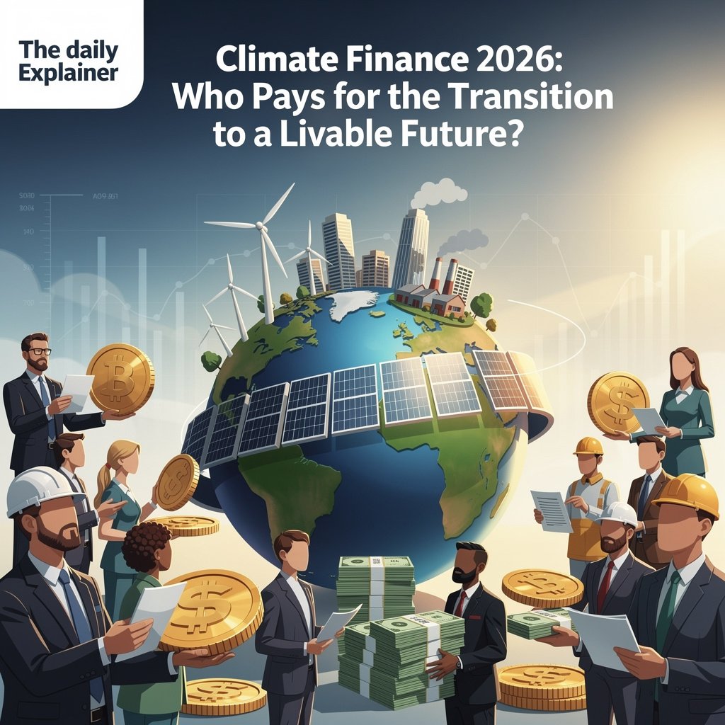 A world map showing financial flows from developed to developing countries for climate mitigation and adaptation, with callouts for the Green Climate Fund, Loss and Damage Fund, and private investment flows.