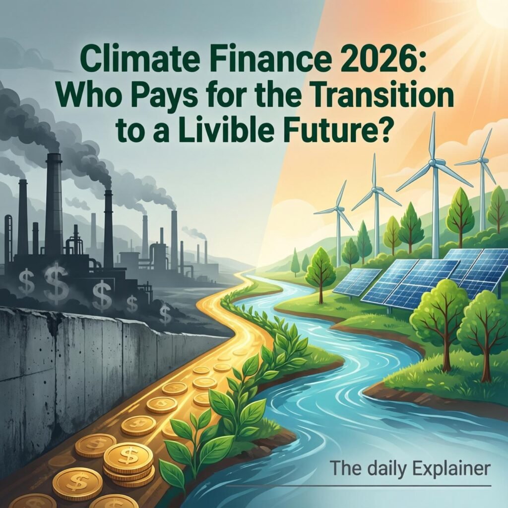 A world map showing financial flows from developed to developing countries for climate mitigation and adaptation, with callouts for the Green Climate Fund, Loss and Damage Fund, and private investment flows.