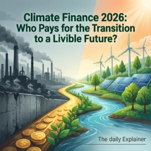 A world map showing financial flows from developed to developing countries for climate mitigation and adaptation, with callouts for the Green Climate Fund, Loss and Damage Fund, and private investment flows.