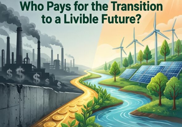 A world map showing financial flows from developed to developing countries for climate mitigation and adaptation, with callouts for the Green Climate Fund, Loss and Damage Fund, and private investment flows.