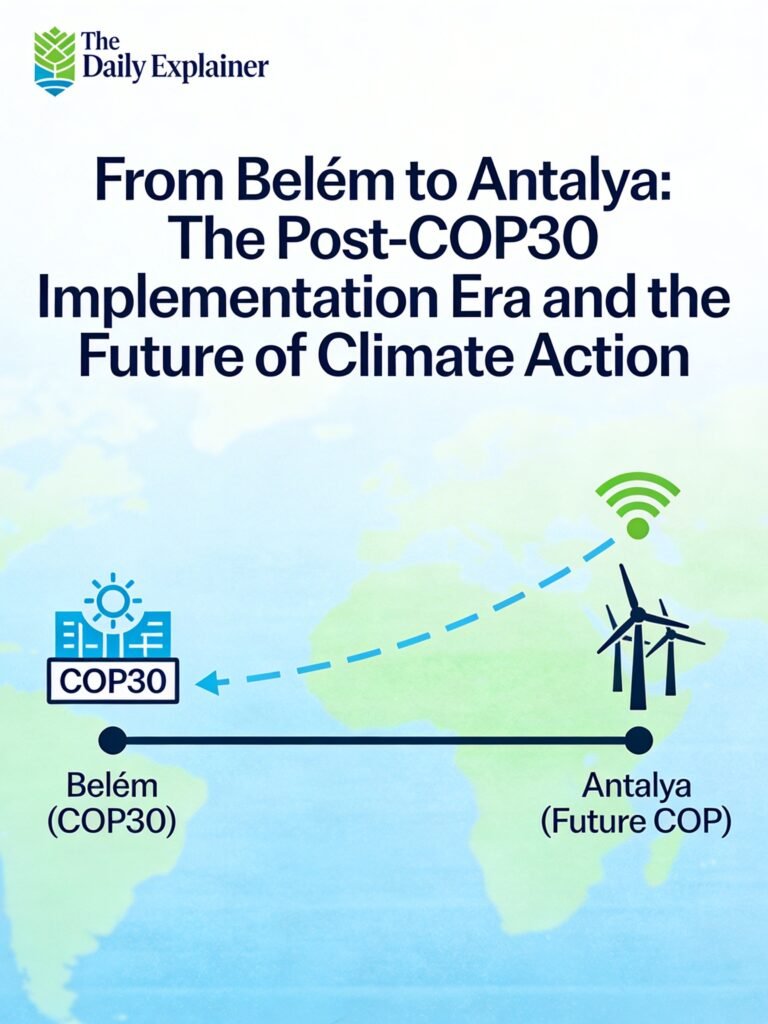 A timeline showing the key climate milestones from COP30 in Belém (November 2025) through 2026, including the Bonn Climate Conference, key implementation workshops, and culminating in COP31 in Antalya, Turkey.
