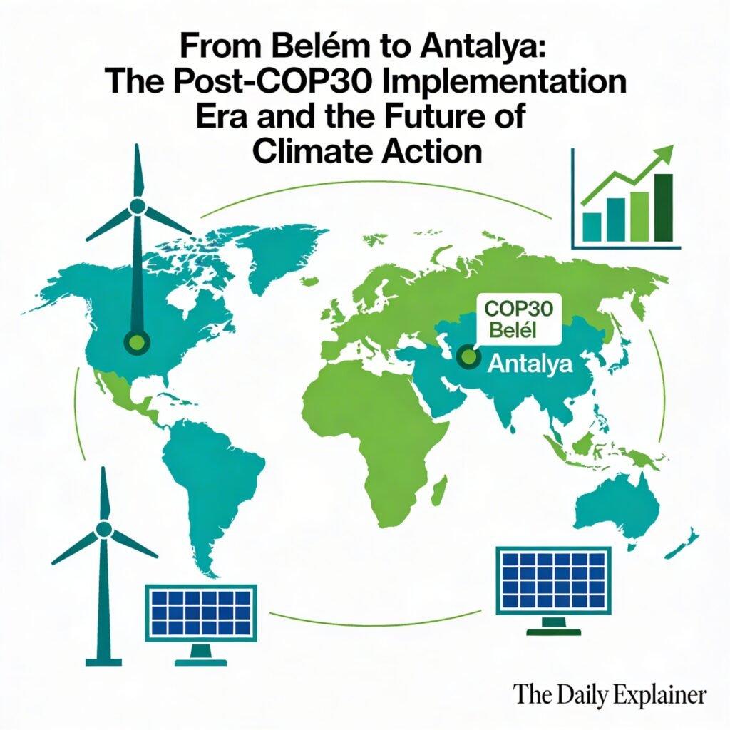 A timeline showing the key climate milestones from COP30 in Belém (November 2025) through 2026, including the Bonn Climate Conference, key implementation workshops, and culminating in COP31 in Antalya, Turkey.